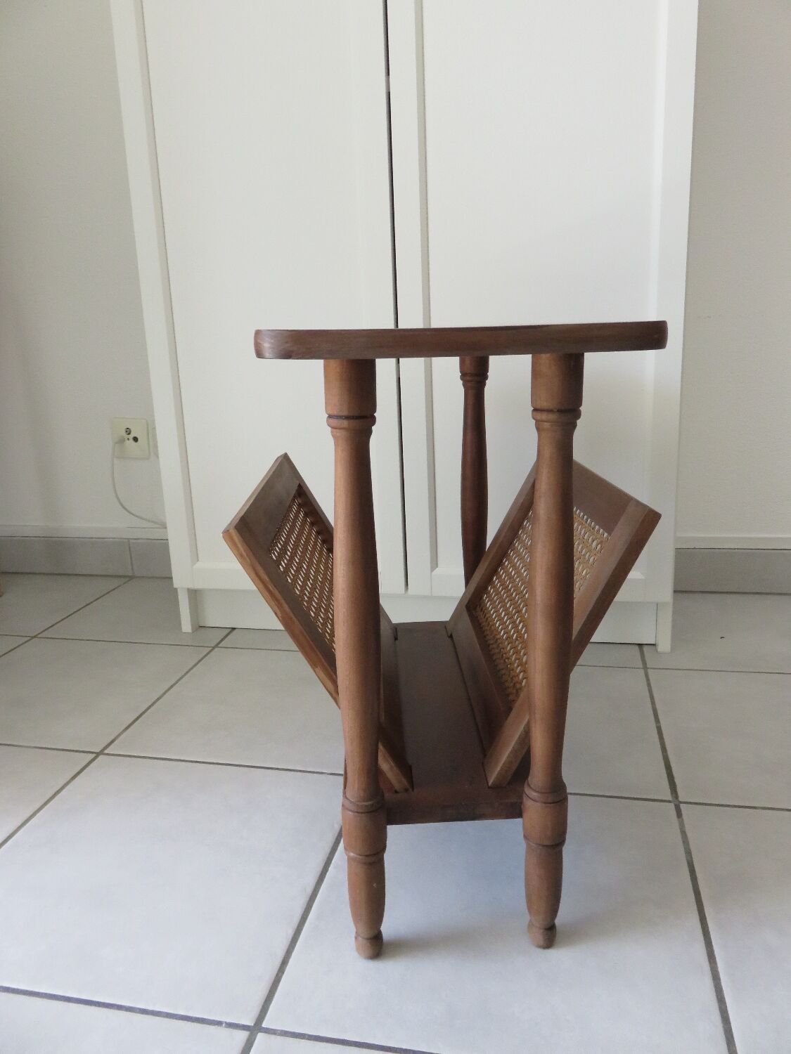 Vintage wooden and cane magazine rack Side table