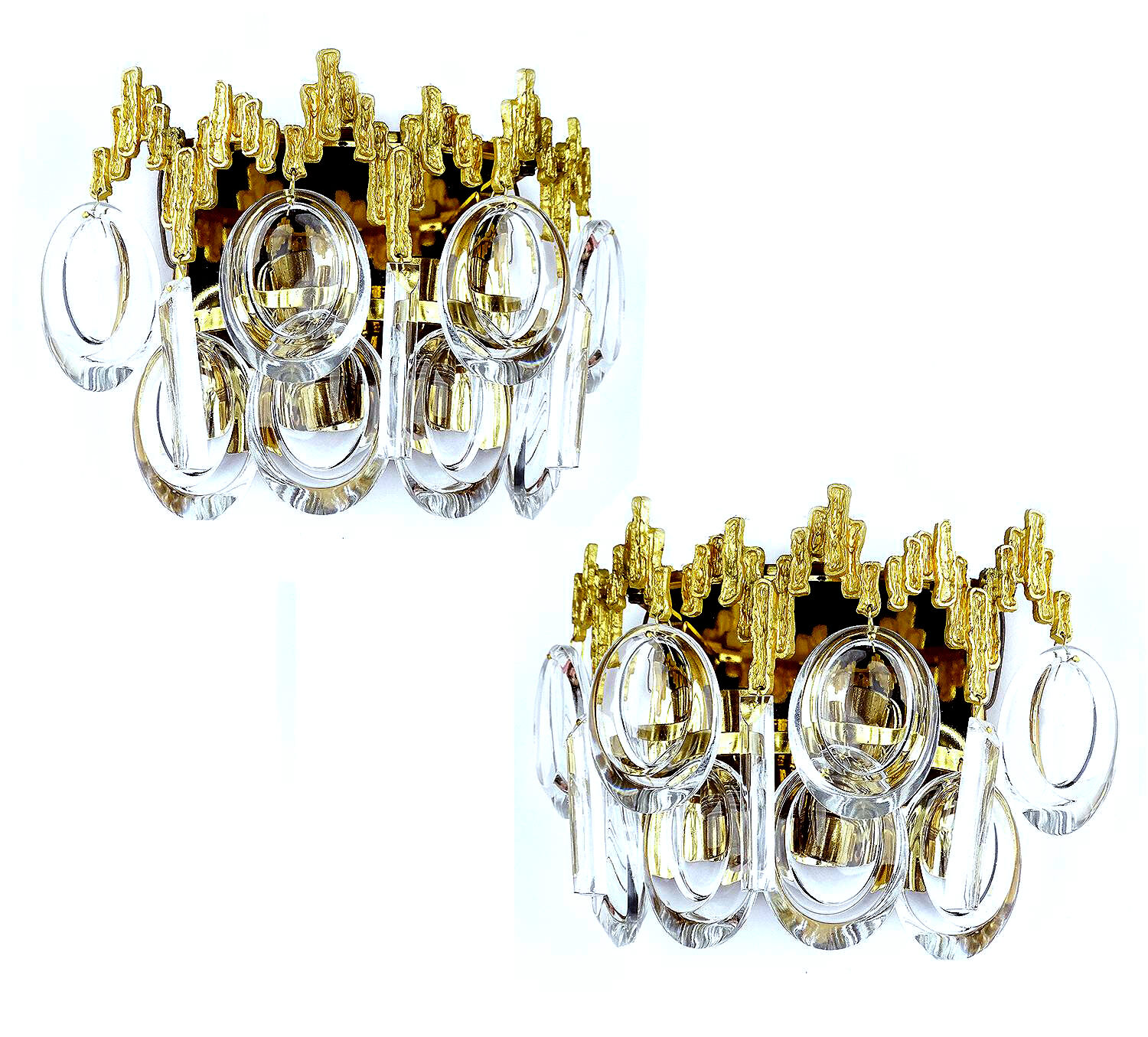 Pair of vintage wall lamps, gold fine gold, crystal, 60s