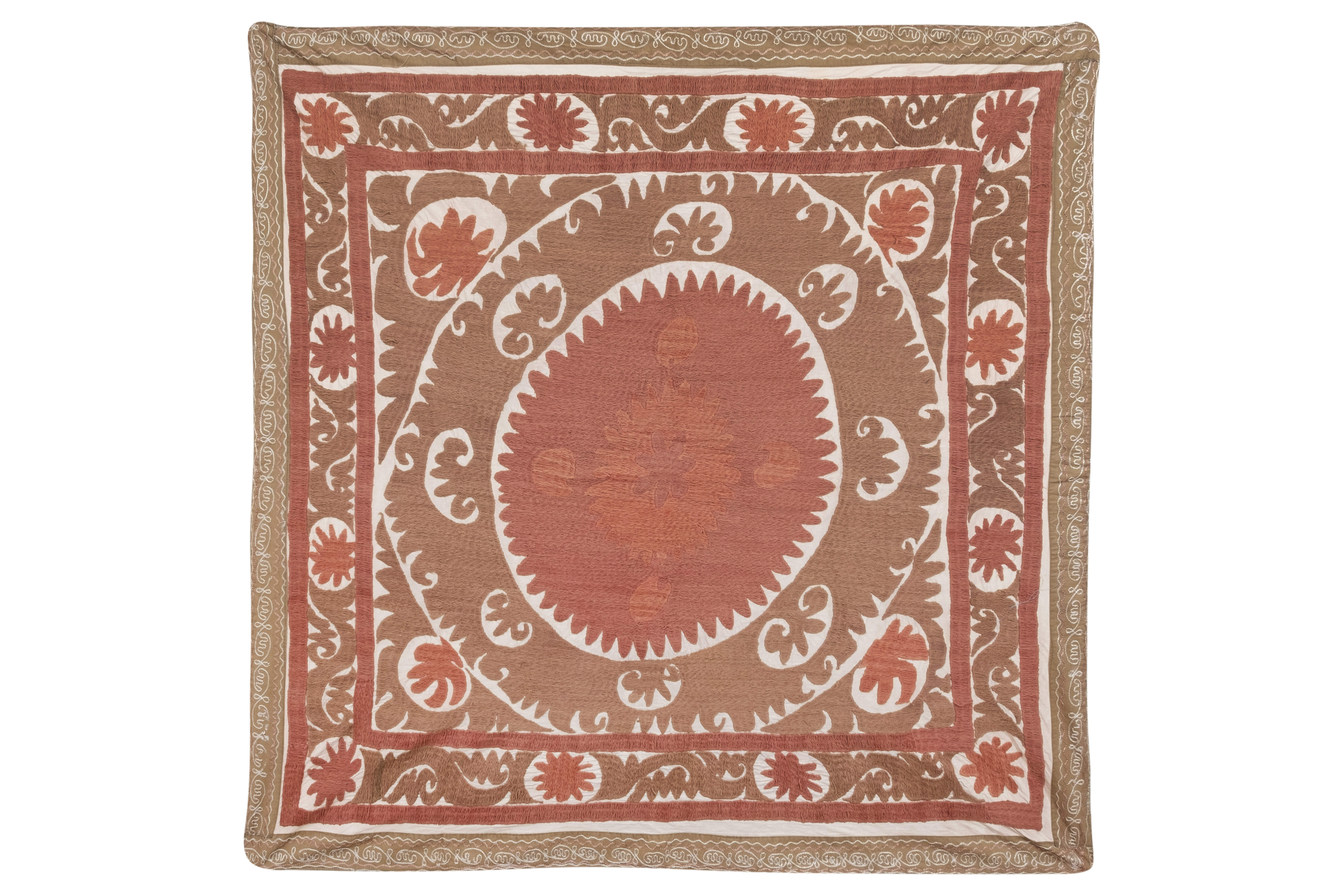 Suzani Bedspread - Neutral Red Colorful Uzbek Table Cloth - Tribal Embroidery Wall Decor