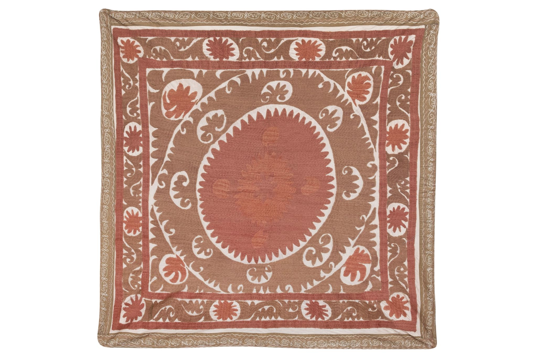Suzani Bedspread - Neutral Red Colorful Uzbek Table Cloth - Tribal Embroidery Wall Decor