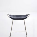 Contemporary Kitchen Counter Barstool Old Silver Steel & Navy Blue Leather