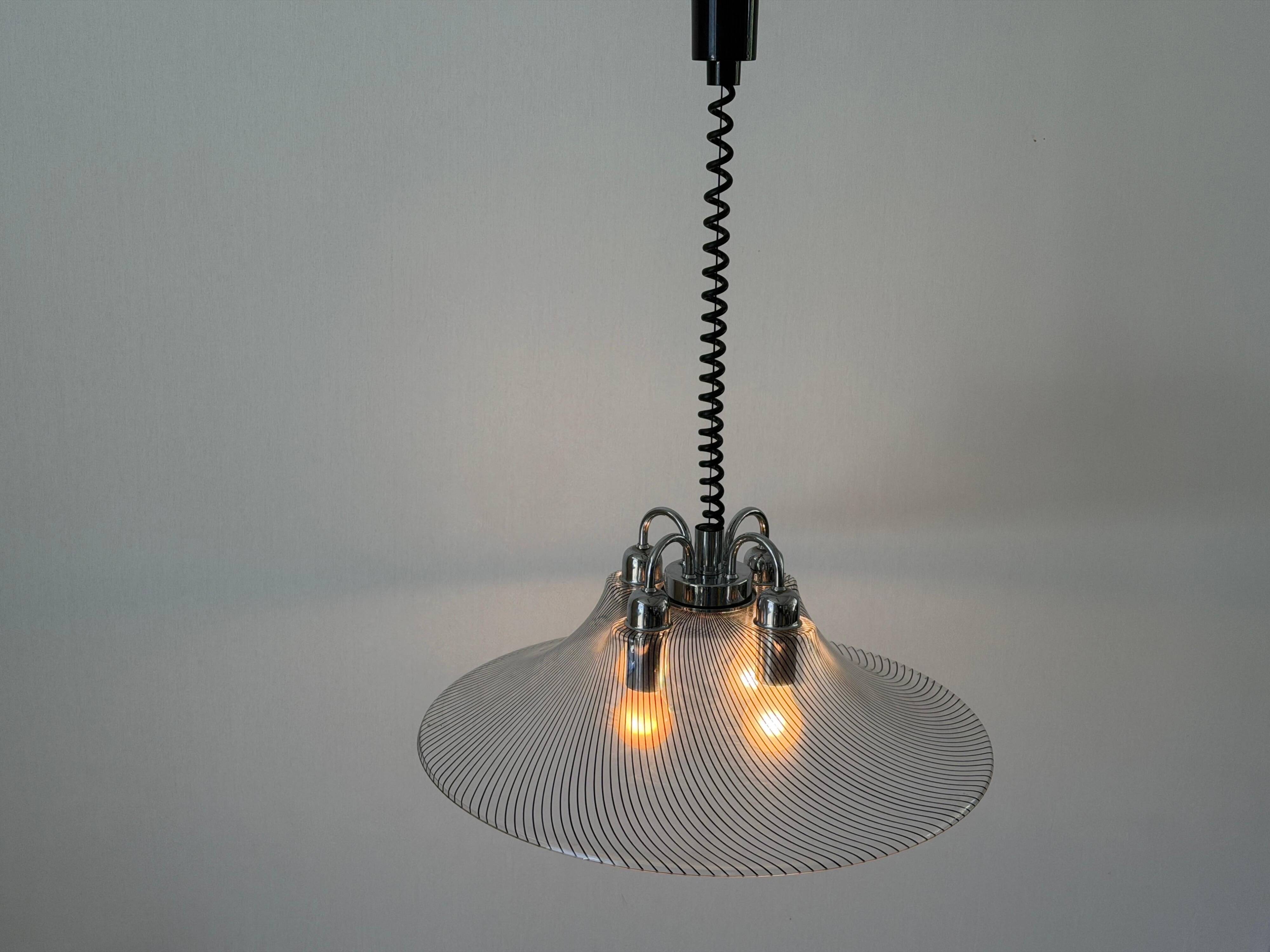 Suspended lamp with 4 sockets, chrome body and plexiglass shade, 1970s, Germany.