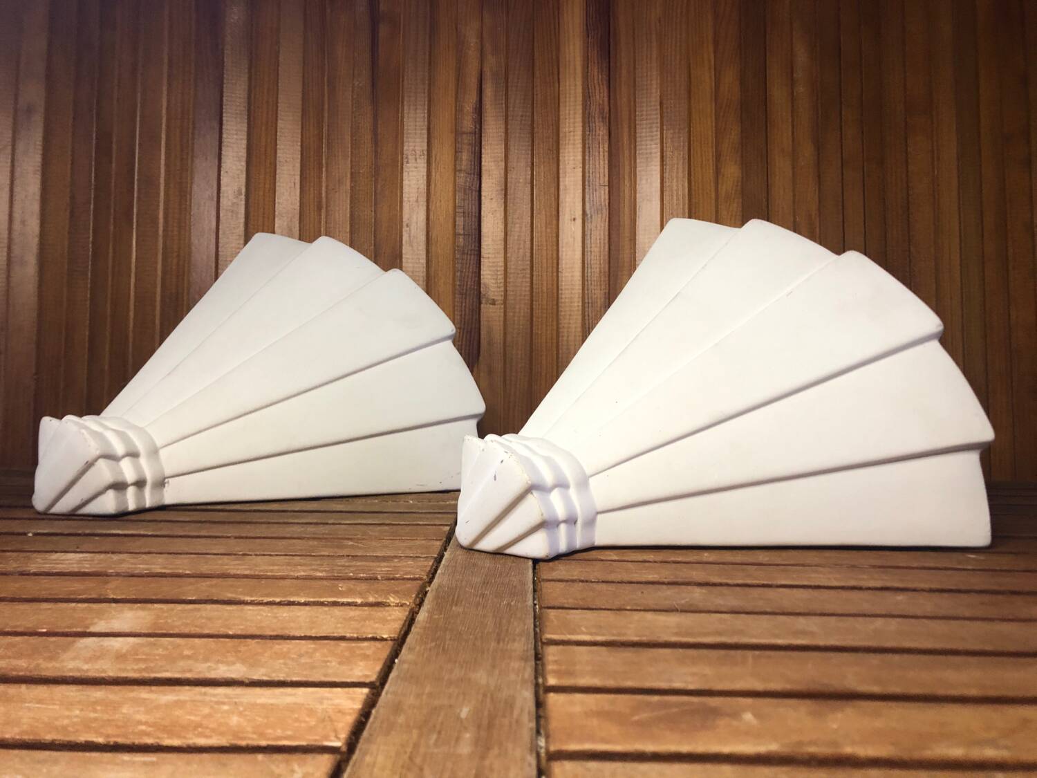 Pair art deco wall lamp angle white plaster made in italy vintage #a469