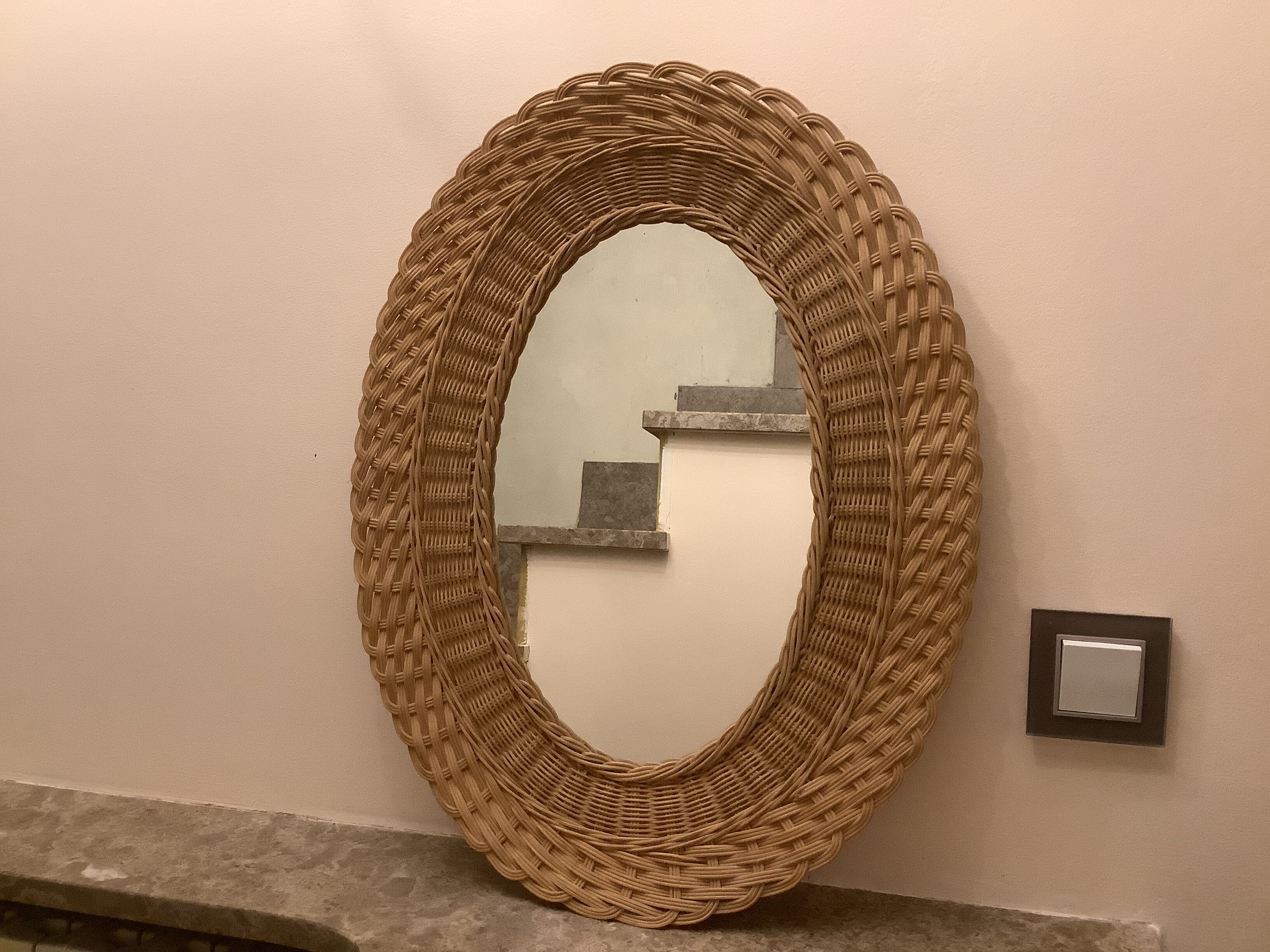 Old oval mirror wicker vintage rattan, 55x43 cm