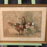 Basket of flowers watercolor painting - still life signed jeanne fabre cottave early twentieth