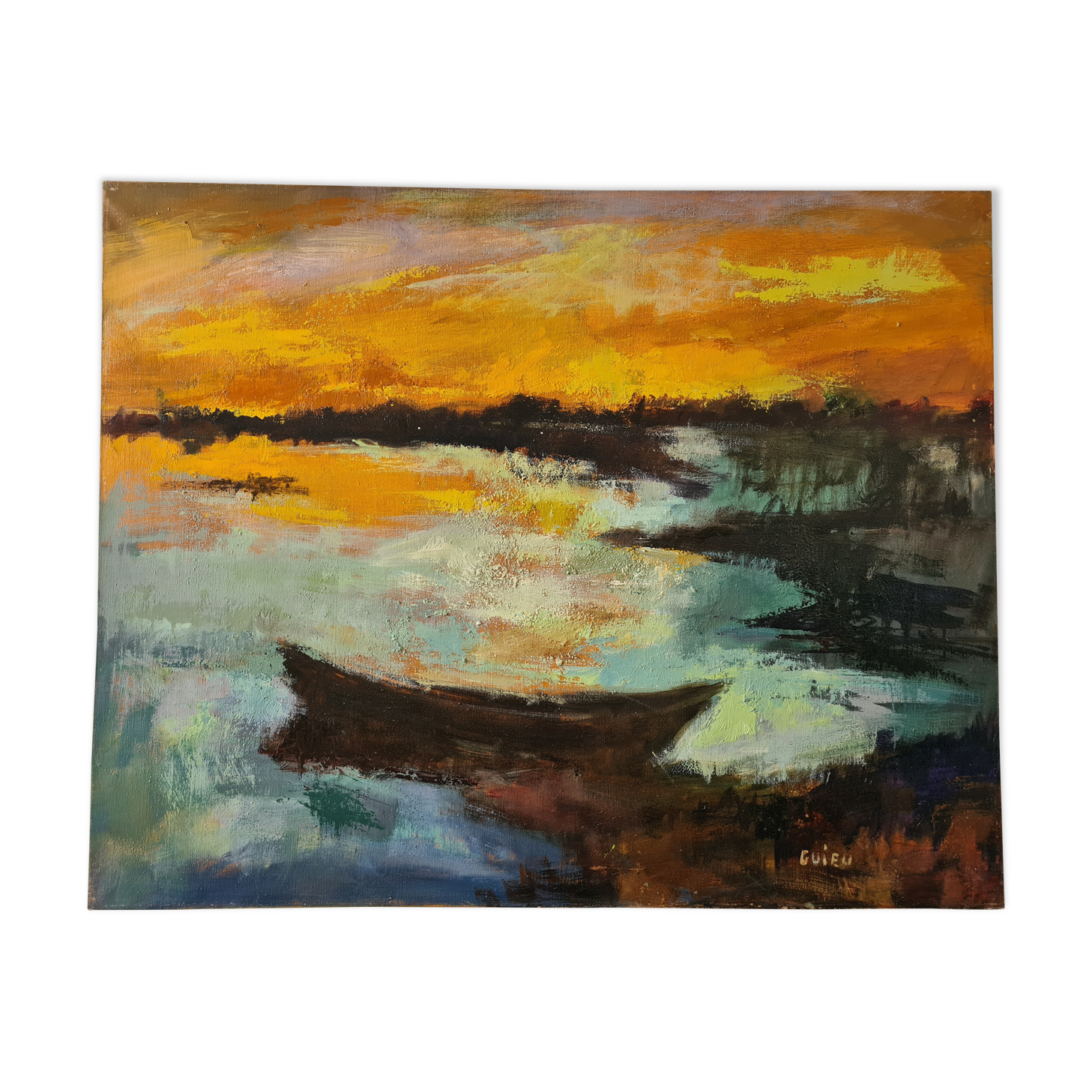 Boat at sunset, oil by Nicole Guieu
