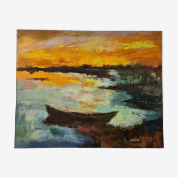 Boat at sunset, oil by Nicole Guieu