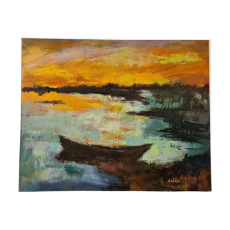 Barque au couchant, huile par Nicole Guieu