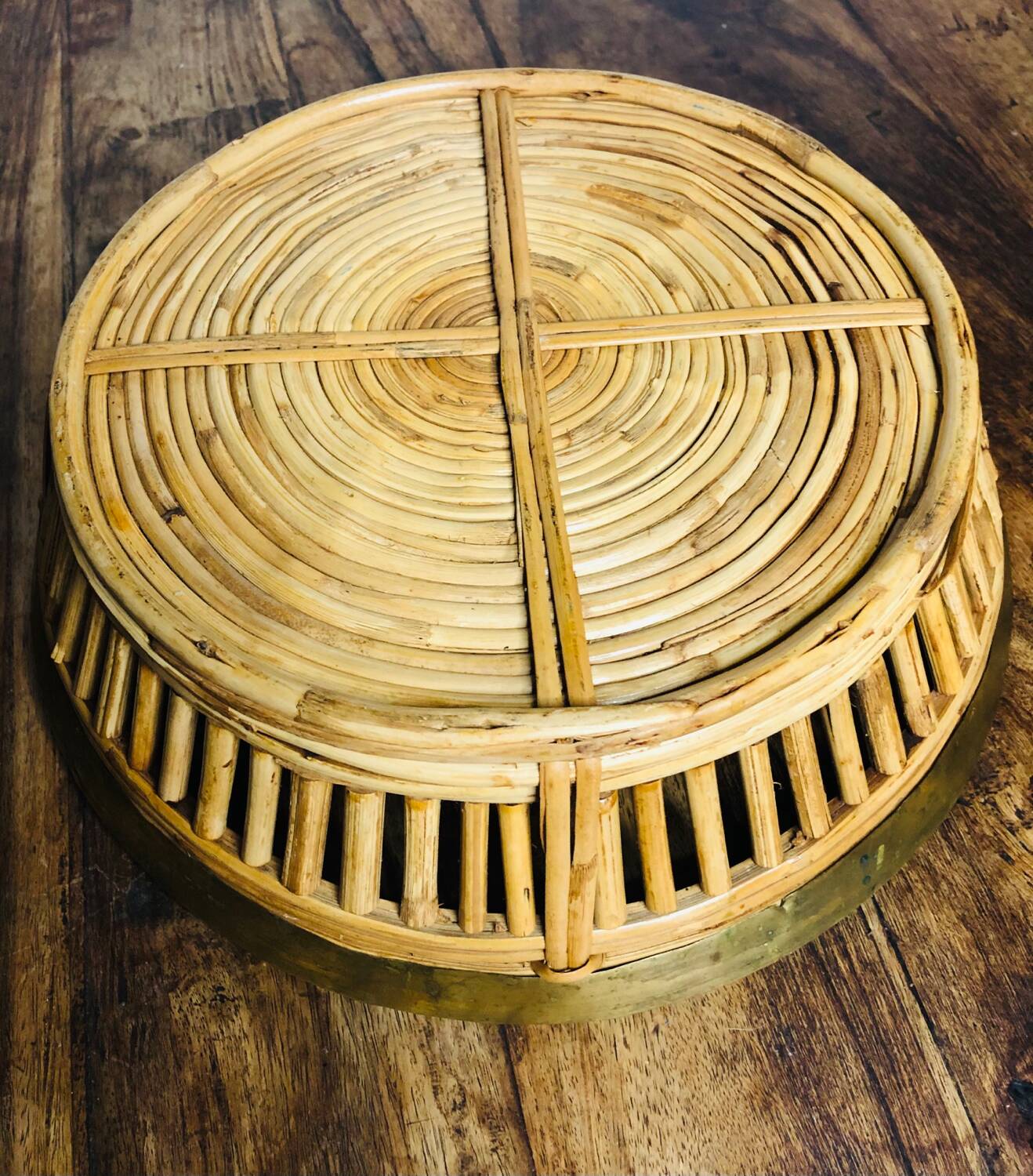 Large rattan and brass basket by Gabriella Crespi. Italy. 1970