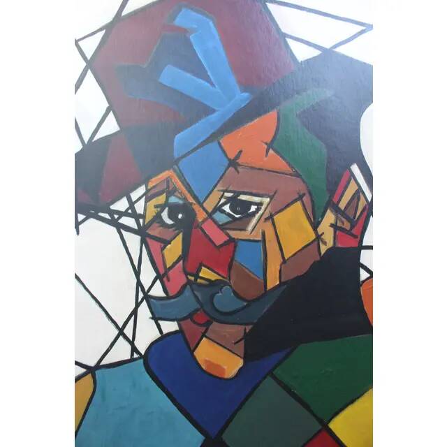 "Man in Hat" Contemporary Cubist Style Figurative Acrylic Painting Framed