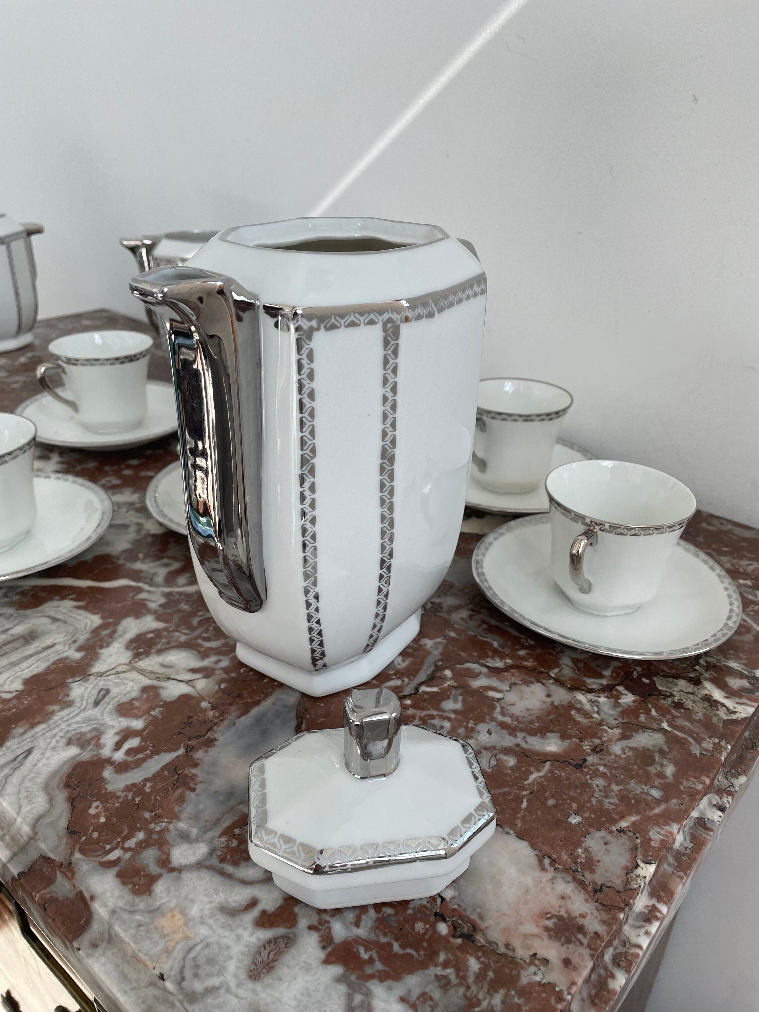 Coffee set, tea 1925, art deco, union céramique, uc, limoges, 8 cups, 8 subcups, teapot