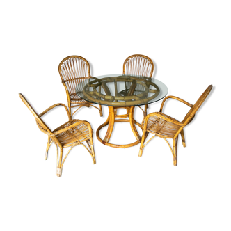 Rattan table and armchairs, 70s