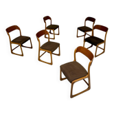 6 chaises traineau Baumann en bois et tissu brun, années 60