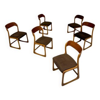 6 chaises traineau Baumann en bois et tissu brun, années 60