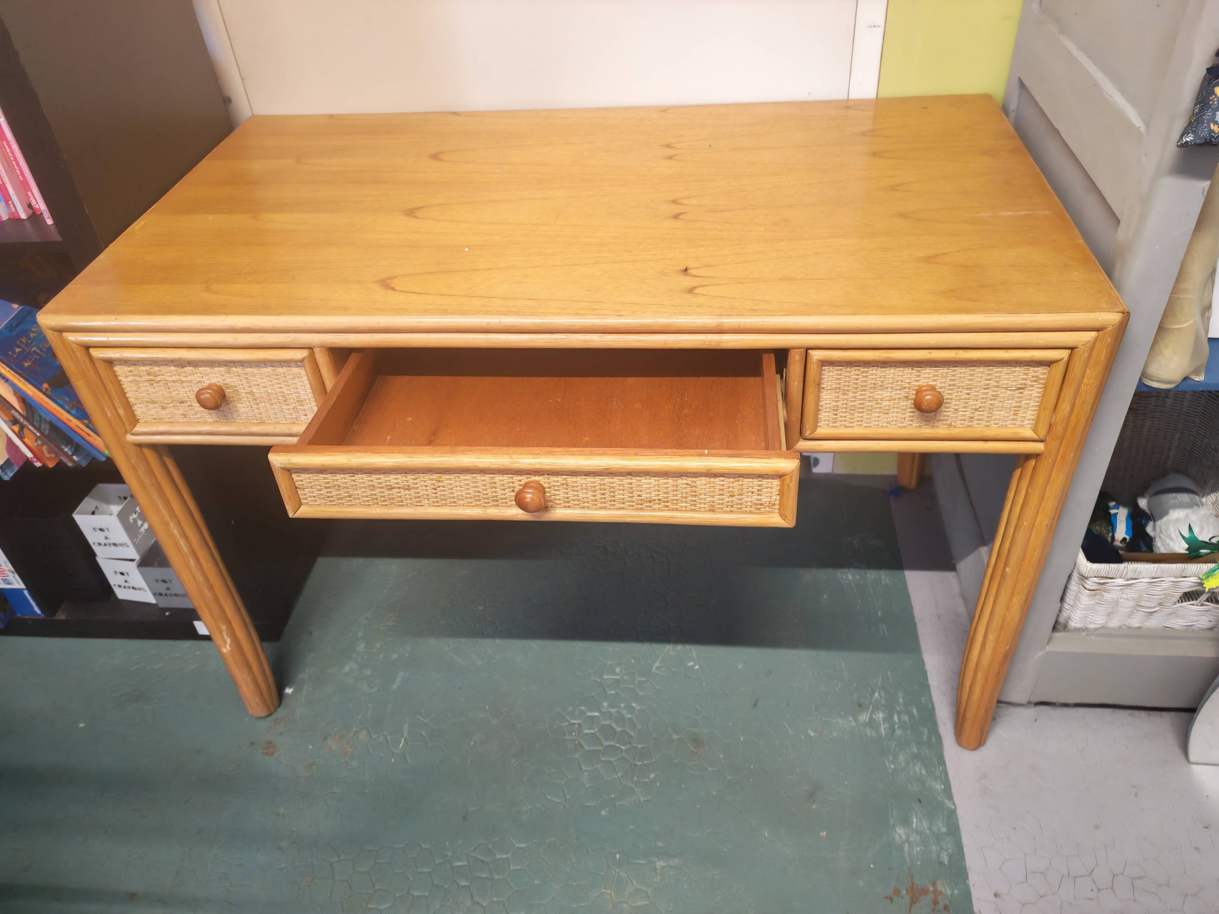 Rattan and varnished pine desk