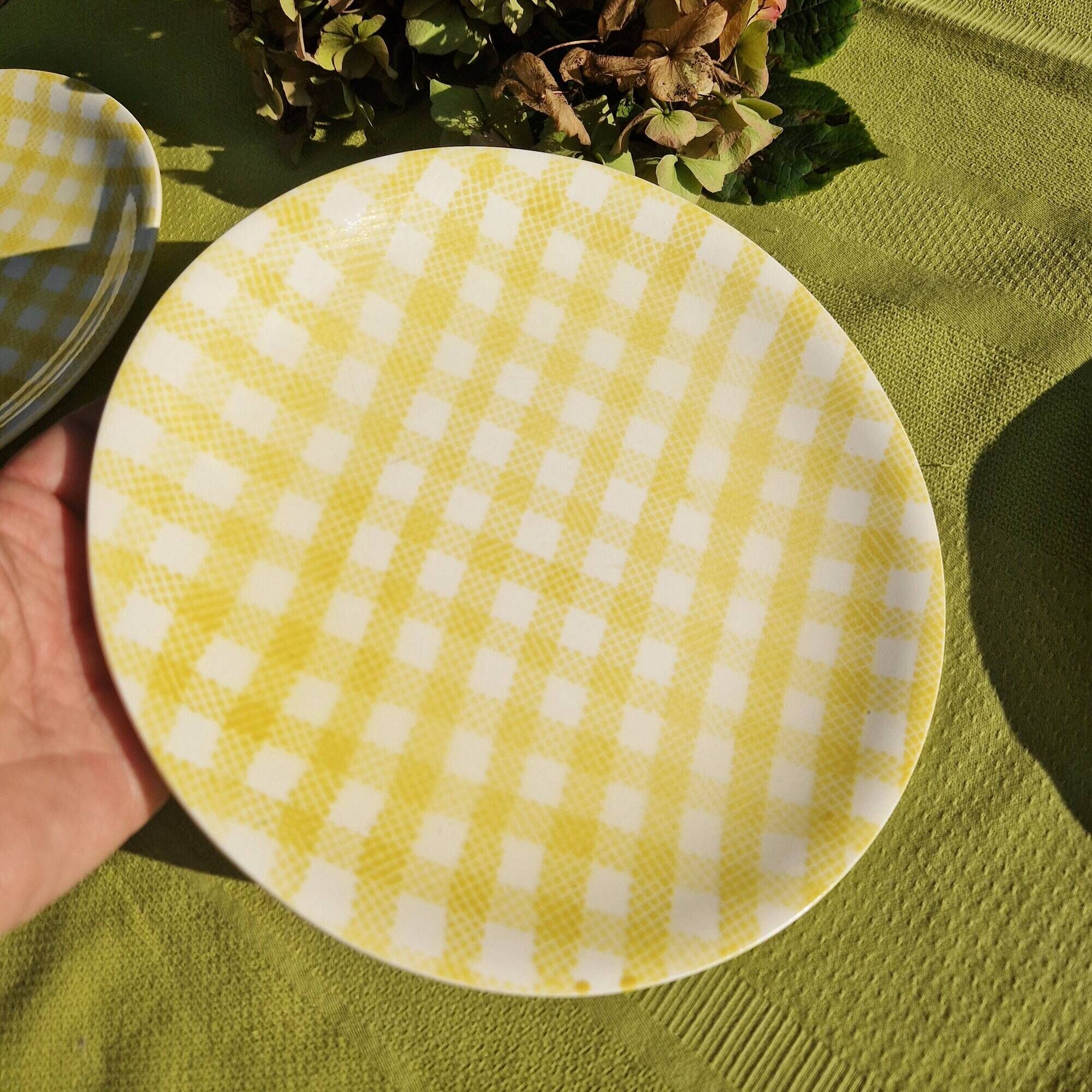 Set of 5 salins flat plates, saint raphael model, yellow checks, 24 cm, 60s
