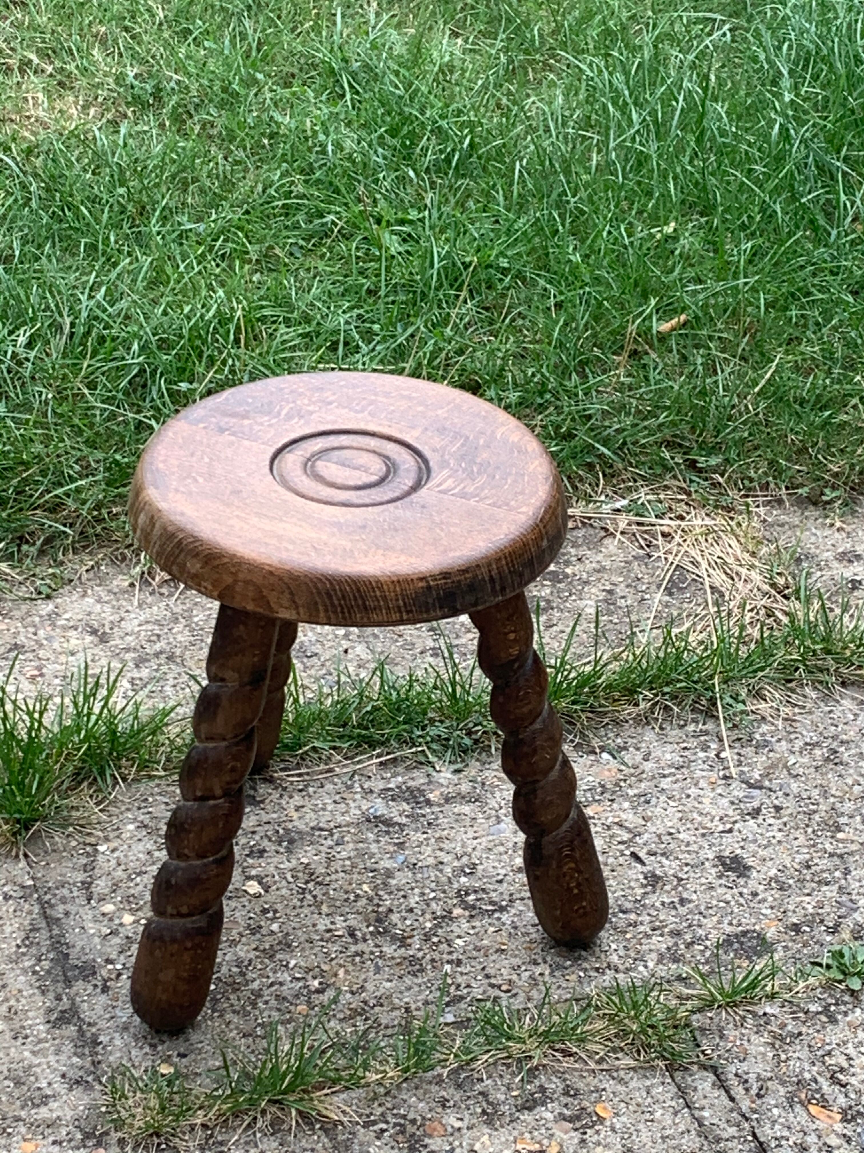 Milking tabouret, old wood turns and chiseled