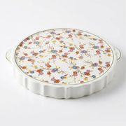 Plat à tarte vintage en faïence à anses – motif floral japonisant