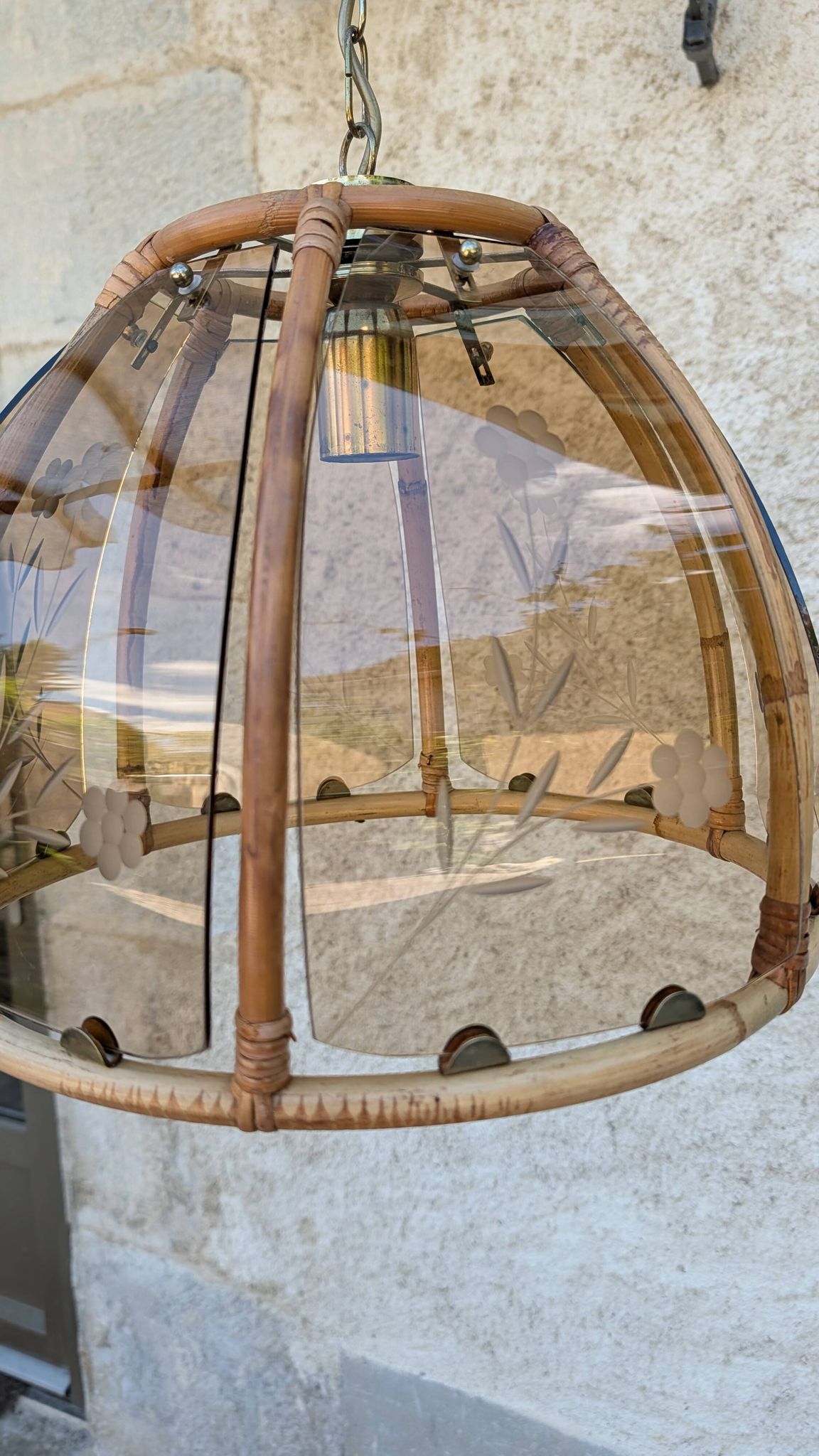Vintage rattan and smoked glass pendant – 1970s