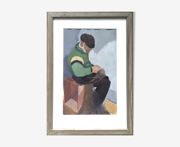 Peinture à la gouache figurative vintage suédoise, encadrée