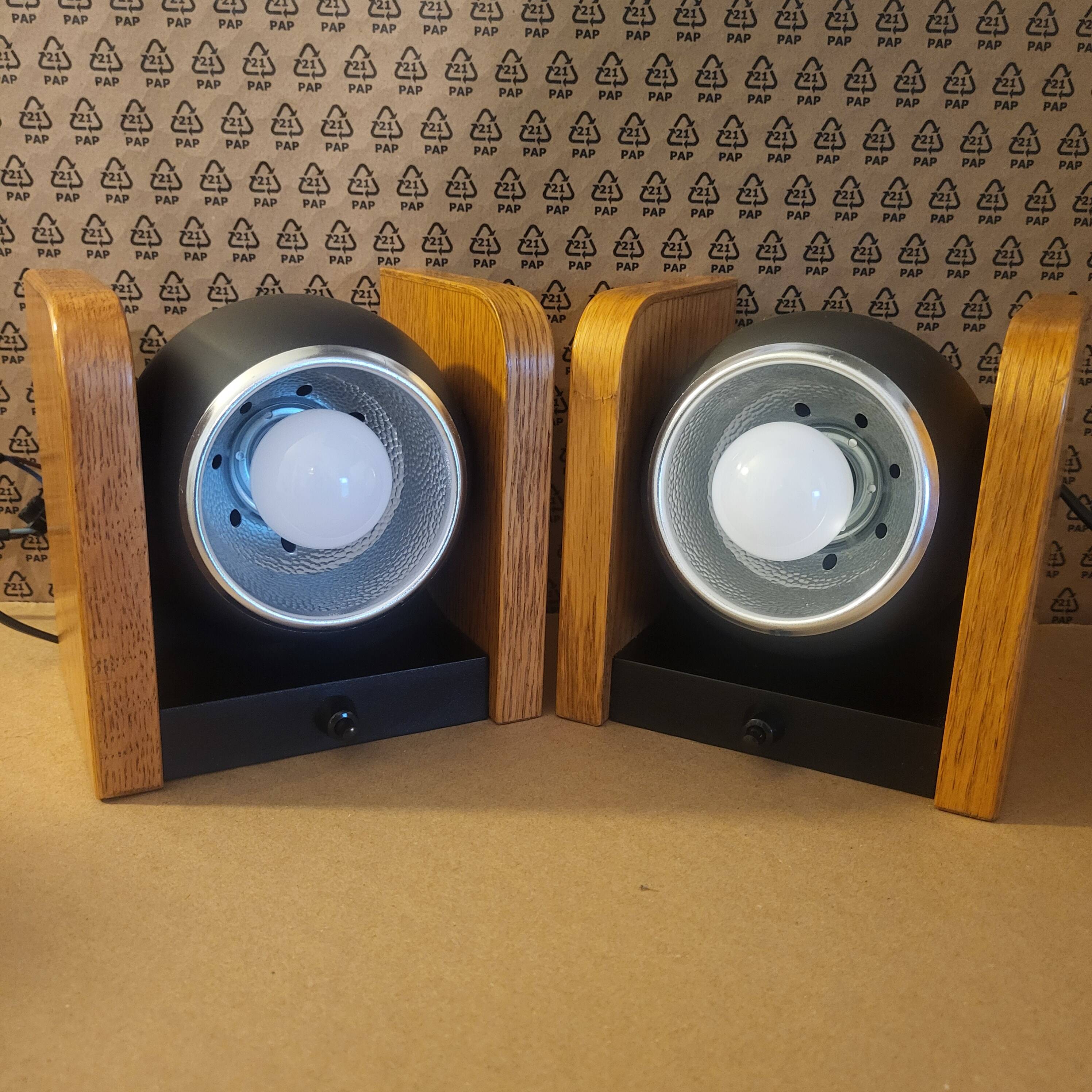 2 white eye lamps, wood, metal, vintage, Germany