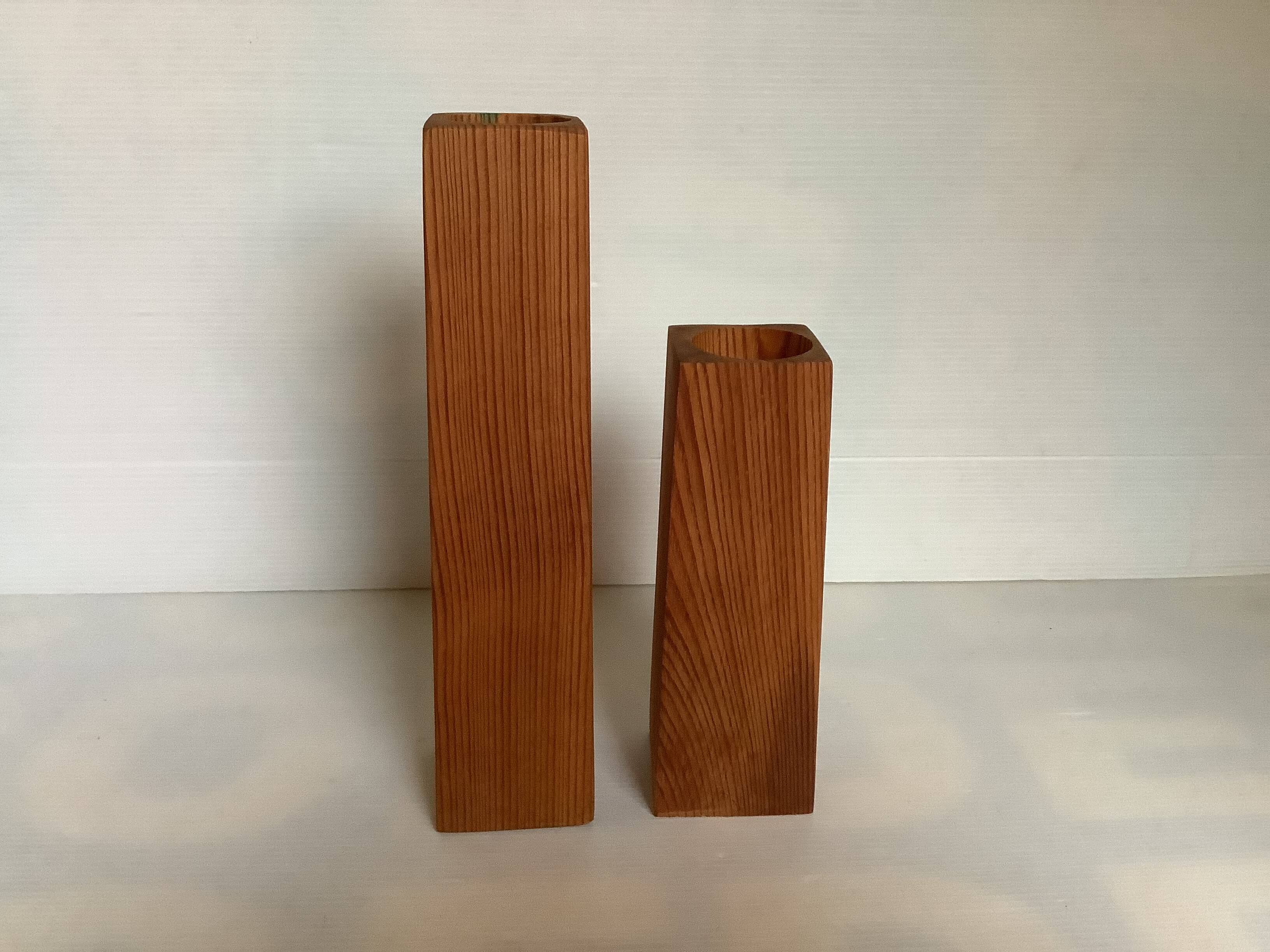 Pair of asymmetrical Scandinavian wooden candlesticks