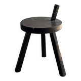 Black solid wood vintage tripod stool with angled back peg — France, 1960s