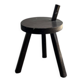 Black solid wood vintage tripod stool with angled back peg — France, 1960s