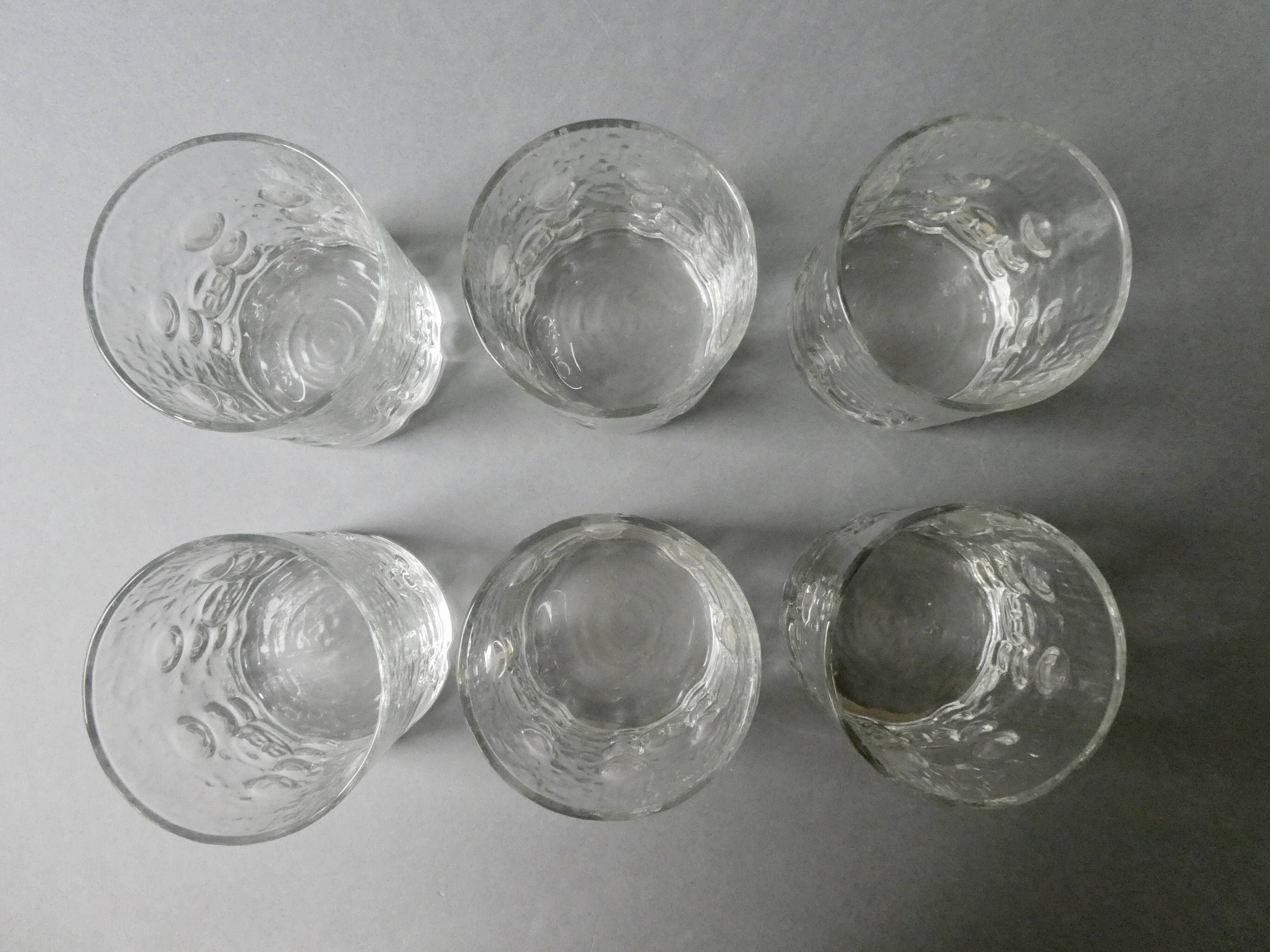 Set of 6 whiskey glasses, bubbled décor, BP, 70s