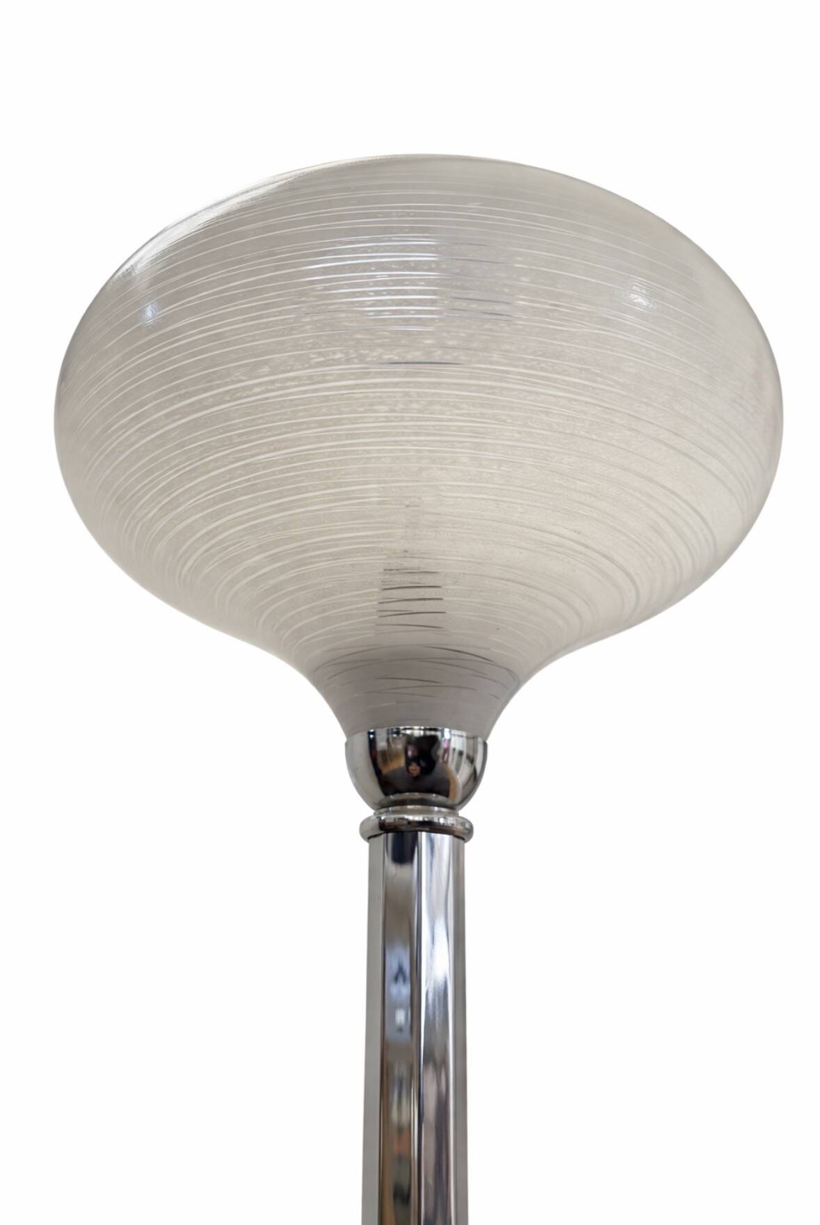 Large Art Deco table lamp, chrome base and satin glass globe.