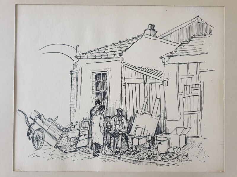 André Duculty (1912-1990) India ink on paper "The unpacking of the second-hand dealer" Signed below