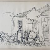 André Duculty (1912-1990) India ink on paper "The unpacking of the second-hand dealer" Signed below