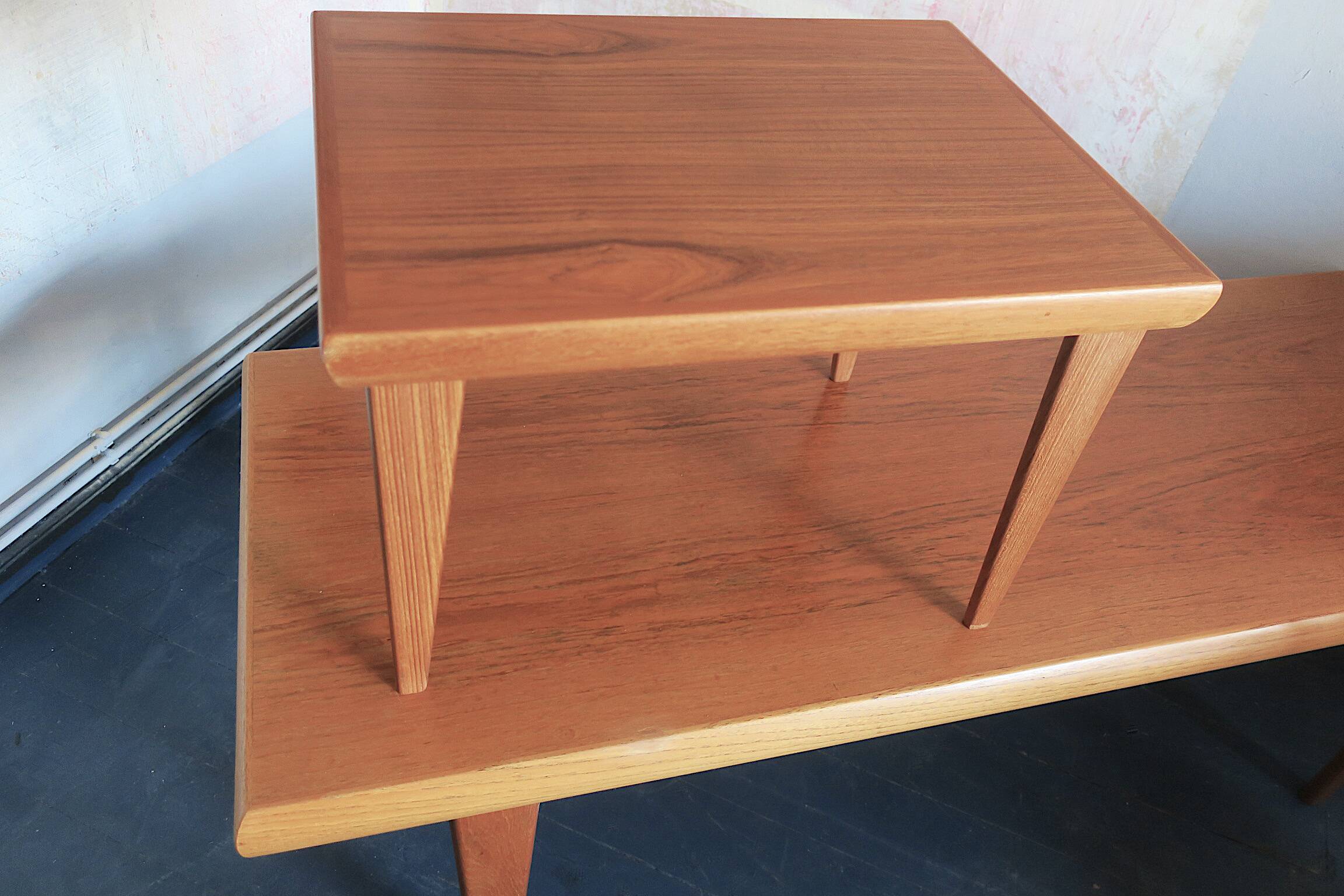 Teak coffee tables and tray by Johannes Andersen for Trioh, Denmark 1960s