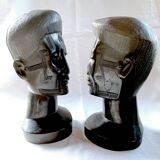 Two large Makonde warrior heads in ebony circa 1940
