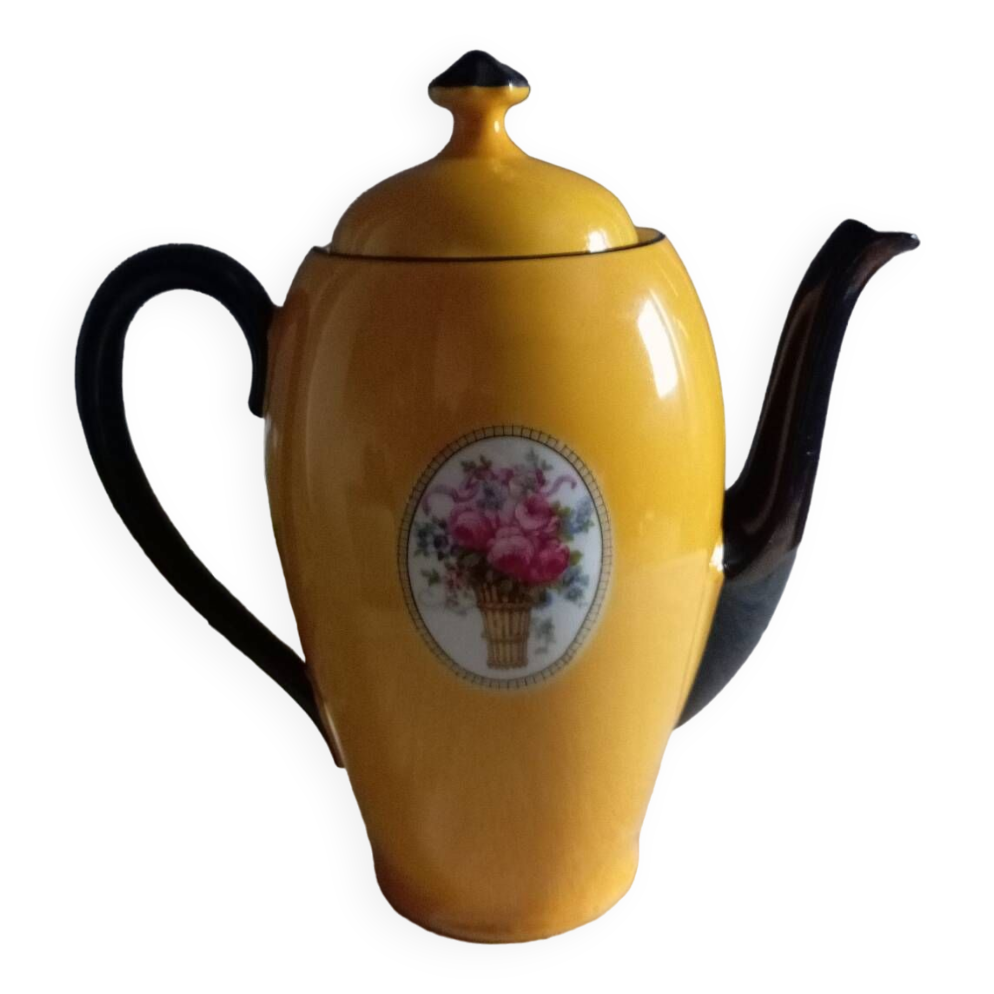 Yellow and black teapot, floral medallion, Deuschland porcelain, circa 1920