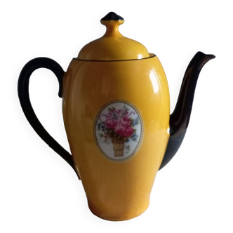 Théière jaune et noire, médaillon floral, porcelaine Deuschland, 1920 env