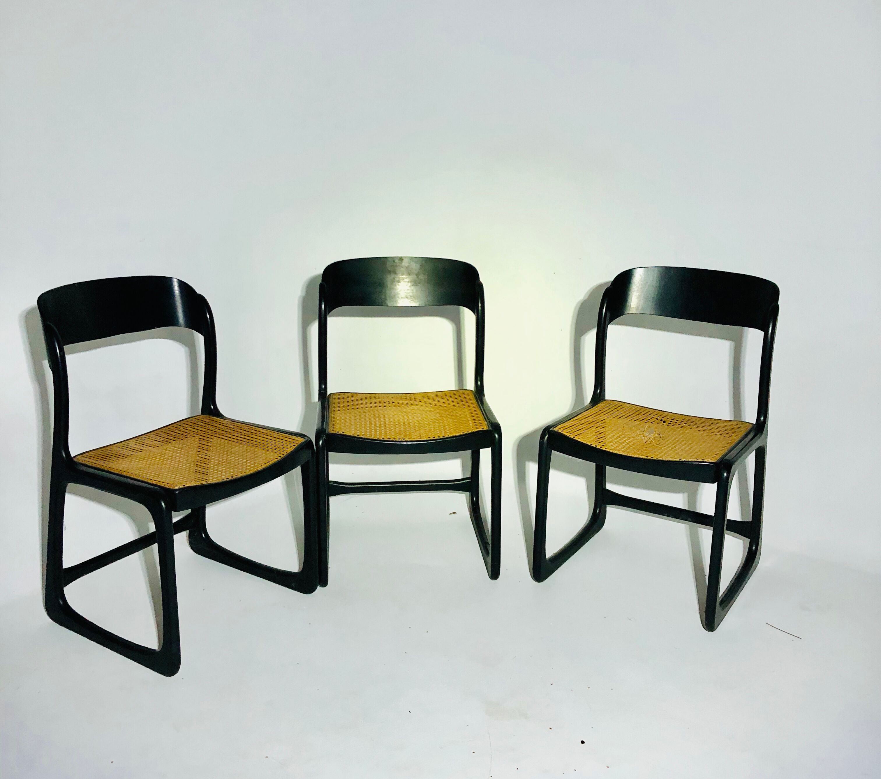 Suite of 3 vintage chairs Baumann cannage wood painted black