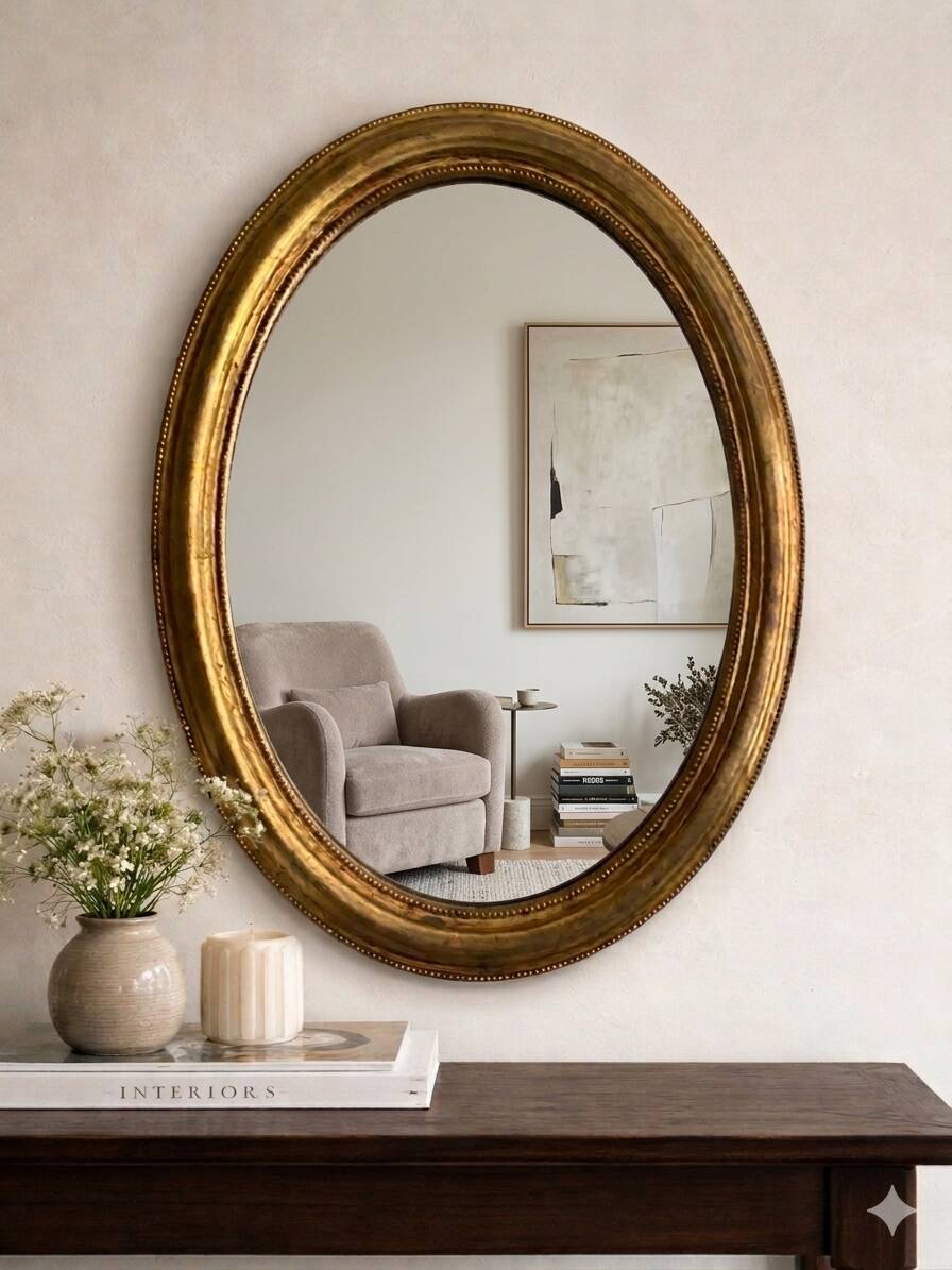 Antique oval gold mirror in Louis XVI style - beautiful patina.