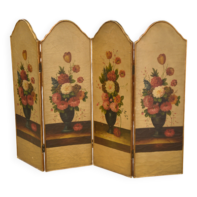 Paravent doré à la feuille peinture à l’huile à décor floral patine craquelée XIXème siècle