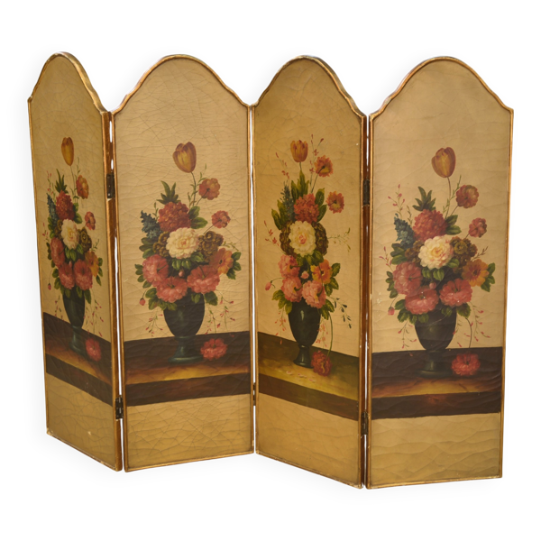 Paravent doré à la feuille peinture à l’huile à décor floral patine craquelée XIXème siècle