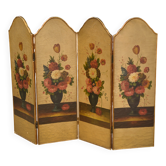Paravent doré à la feuille peinture à l’huile à décor floral patine craquelée XIXème siècle