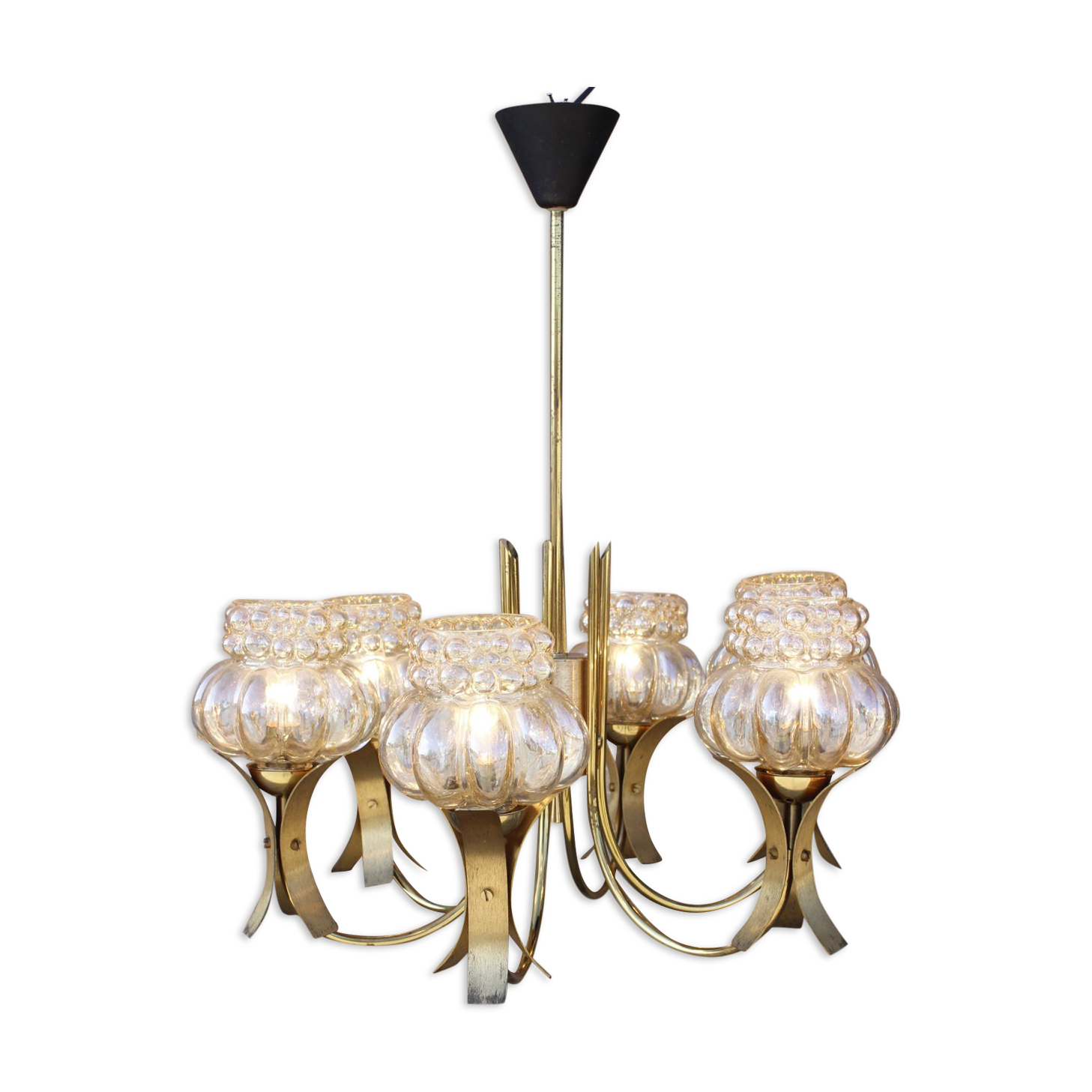 Mid-Century 6-light chandelier in Massive Brass - Iridescent Moulded Glass, Germany 1960s