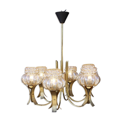 Lustre à 6 feux mid-century en laiton massif & verre moulé iridescent, allemagne 1960s