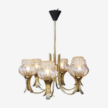 Mid-Century 6-light chandelier in Massive Brass - Iridescent Moulded Glass, Germany 1960s