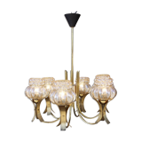 Mid-Century 6-light chandelier in Massive Brass - Iridescent Moulded Glass, Germany 1960s