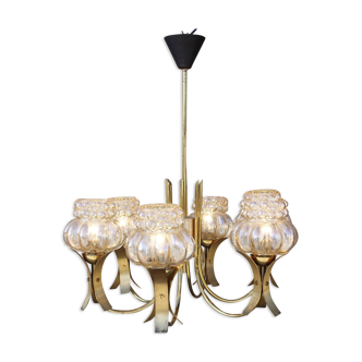 Mid-Century 6-light chandelier in Massive Brass - Iridescent Moulded Glass, Germany 1960s