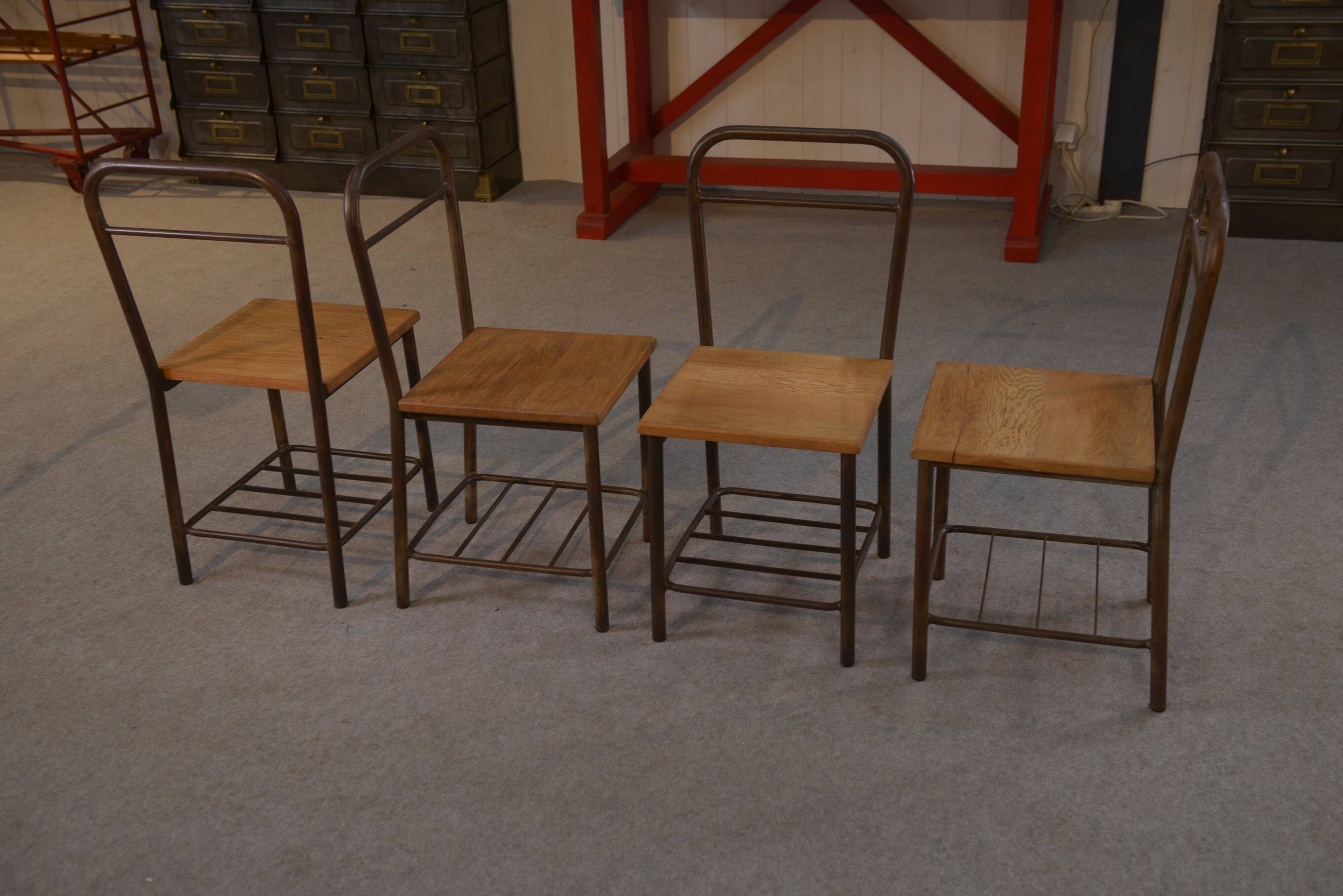 Set of 4 industrial oak chairs, 1950