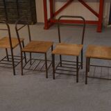 Set of 4 industrial chairs with oak seats, 1950s