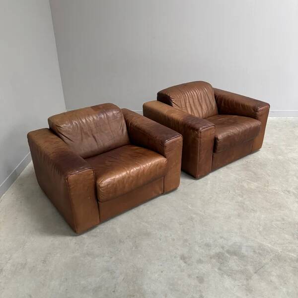 Ensemble de fauteuils en cuir marron vintage, années 1970.