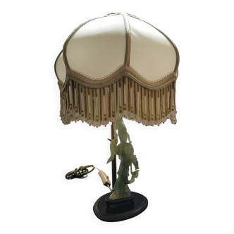Vintage lamp. Green jade lamp base. Fringe and bead lampshade.